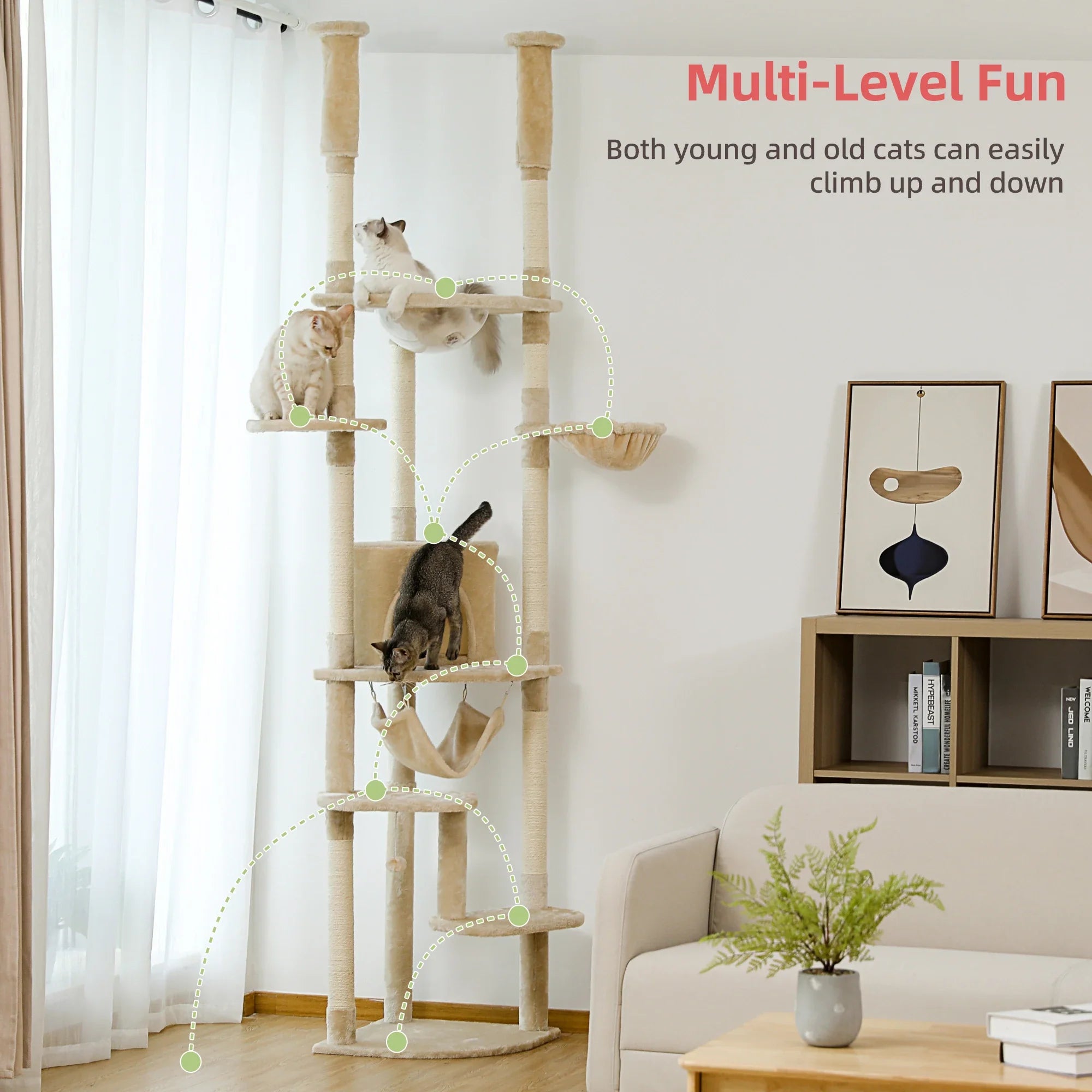 Modern Adjustable Cat Tree Tower 236-258cm Tall Climbing Cat House with Scratch Posts Perches Condo Hammock for Indoor Kittens