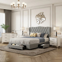 4-Pieces Bedroom Sets Queen Size Upholstered Bed with Three Drawers,Mirrored Nightstands and Dresser with handles and Legs