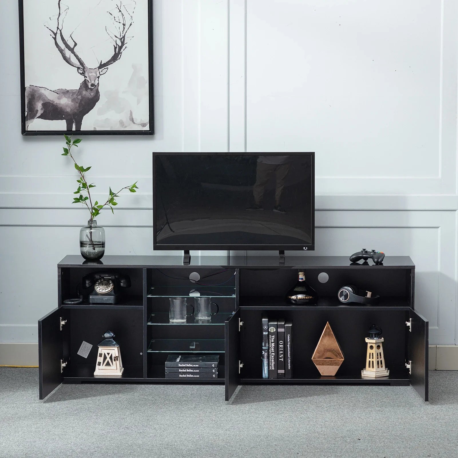 63" LED TV Stand for 65/70 inch TV,  High Gloss TV Cabinet w/Adjustable Shelf, Modern Black Entertainment Center for Living Room