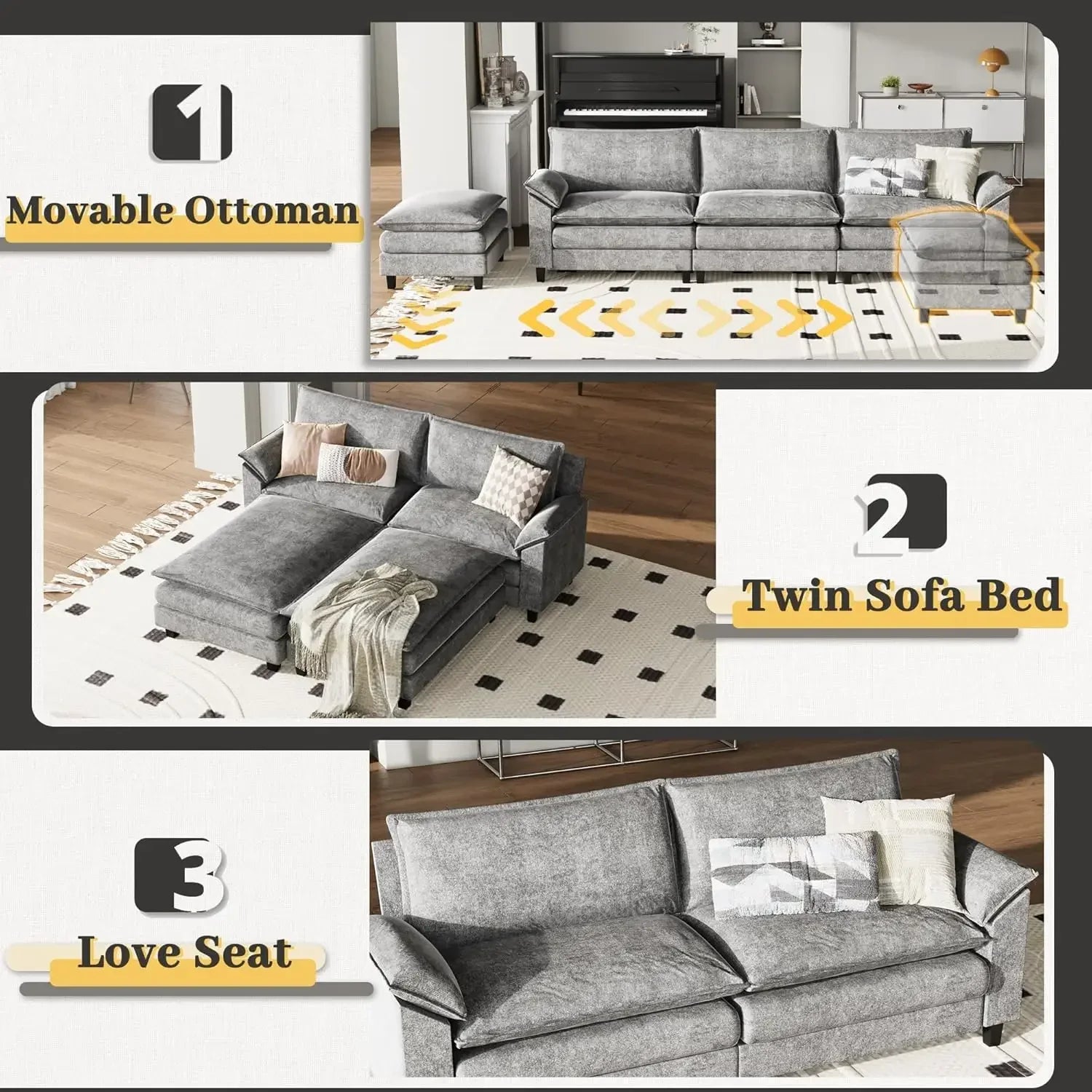 Modular Sectional Sofa Couch, Fabric Sofa Cloud Couch with Comforts, Sectional Sofa Couches for Apartment, Bedroom, Small Space