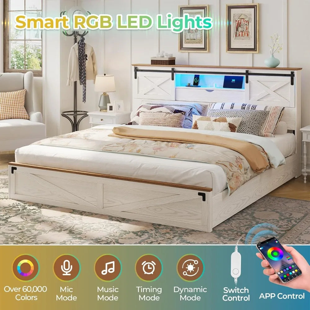 Bed Frame King Size with LED Lights and Charging Station, Wooden King Bed with 2 Storage Drawers, Rustic Headboard