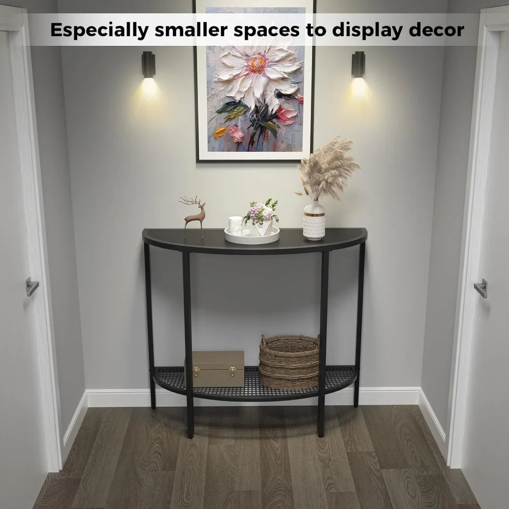 Black Half Moon Console Table 2 Tier Narrow Entryway Table with Storage Modern Couch Table Small Entry Way Tables