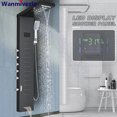 Bathroom LED Light Rain Waterfall Shower Panel Faucet Body Massage Jets Shower Faucet Stainless Steel Tub Spout Shower Column