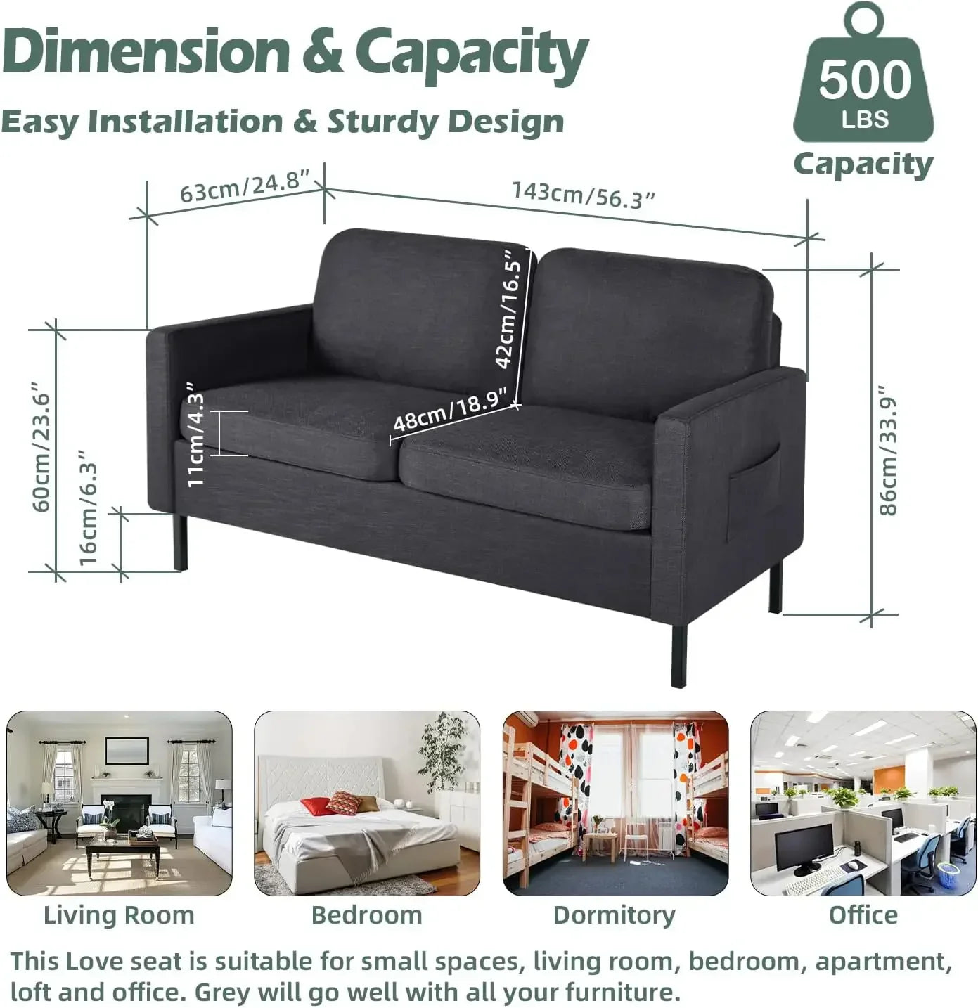 56" W Fabric Loveseat Sofa with 2 USB, Small Couches for Living Room, Bedroom, Office, Easy Assembly & Comfy Cushion, Dark Grey