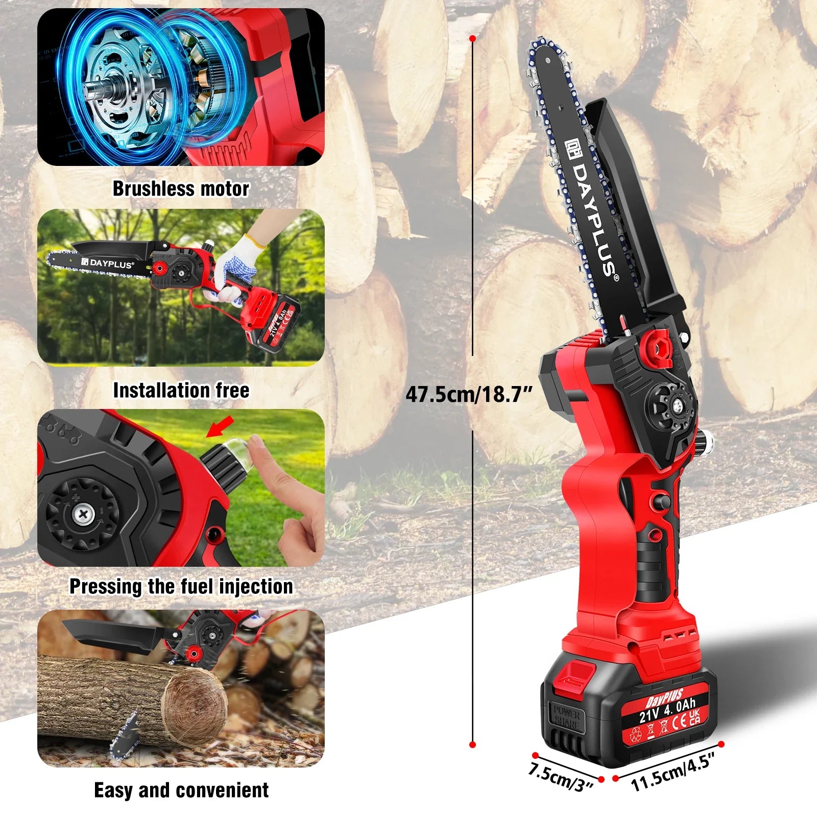 8Inch Cordless Electric Chainsaw Brushless+4.0Ah Battery,One-Handed Portable Pruning for Wood Cutting,Trimming Branch,Courtyard