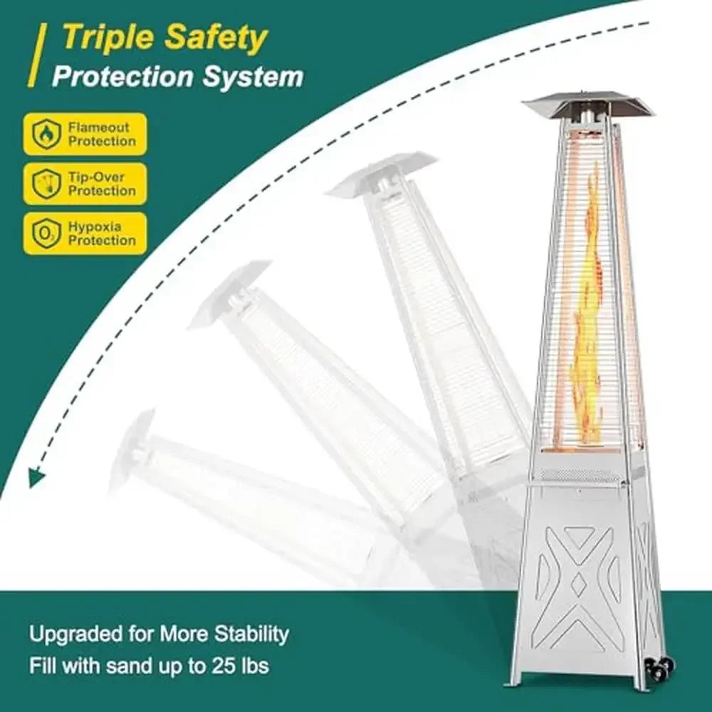 Outdoor Pyramid Patio Heater 48000 Btu Propane Heater Glass Tube Flame Safety Cover Wheels