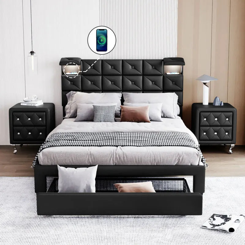 3-Pieces Bedroom Sets,Queen Size Upholstered Platform Bed with Two Motion Activated Night Lights and Two Nightstands