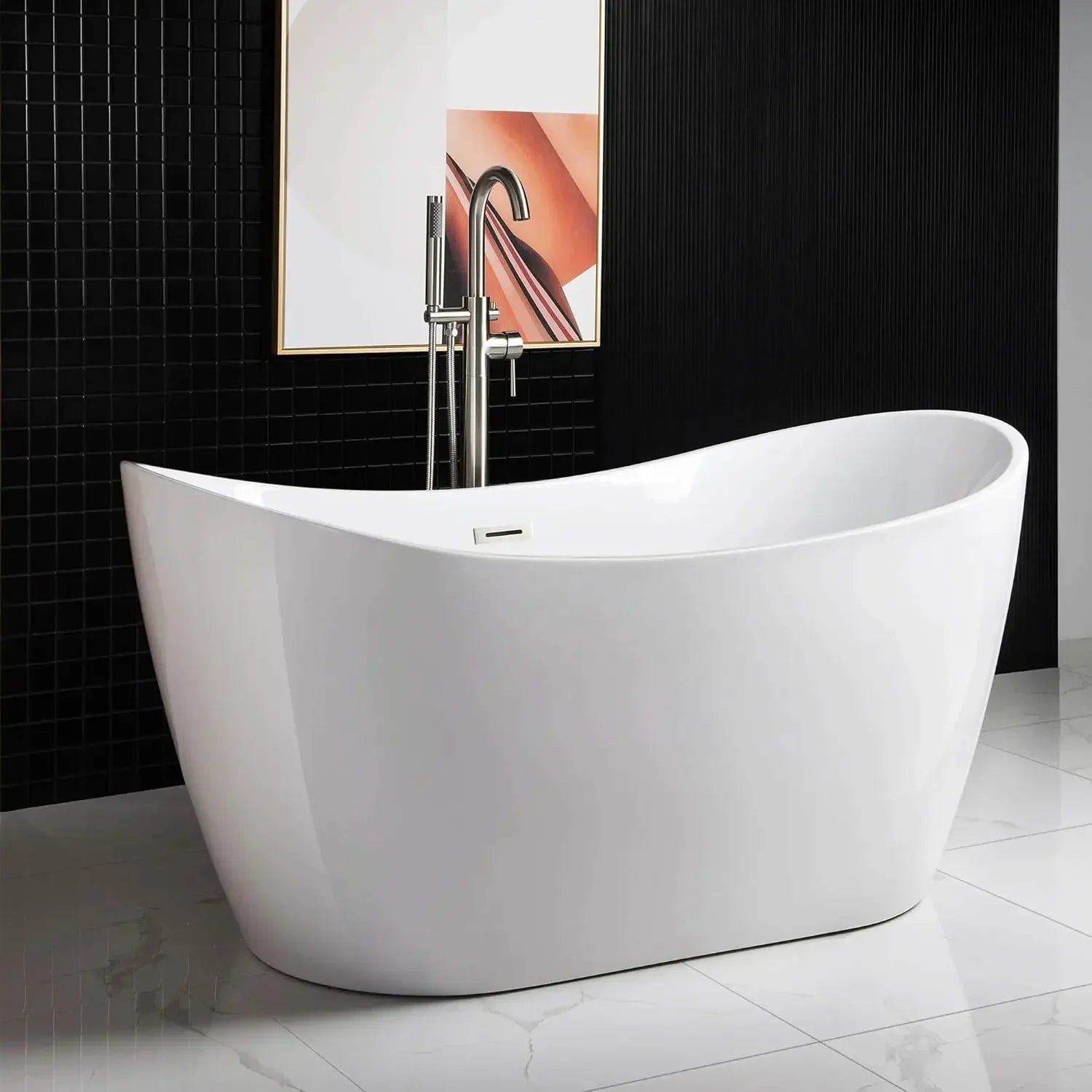 59"Freestanding White Acylic Soaking Bathtub with Brushed Overflow Easy clean, easy maintenance 59"L x 28.75"W x 27.5"H