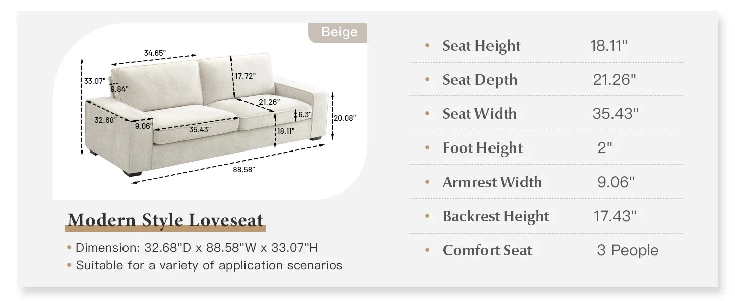 EASELAND Sofa Couch, 88" Chenille Loveseat for Living Room, 3 Seater Lounge Sofa for Bedroom with Removable Back and Seat Cushio