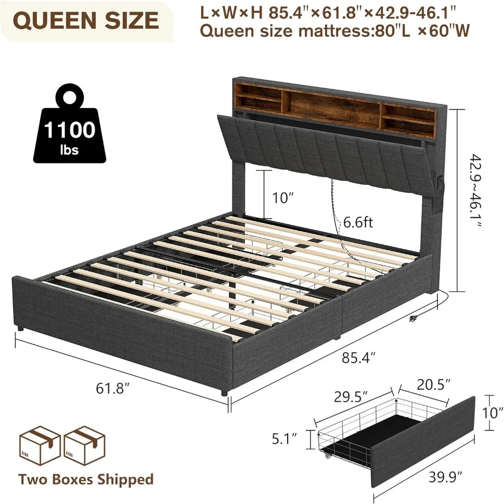 Queen Bed Frame with 4 Storage Drawers, LED Bed Frame with Charging Station and Adjustable Tall Bookcase Headboard