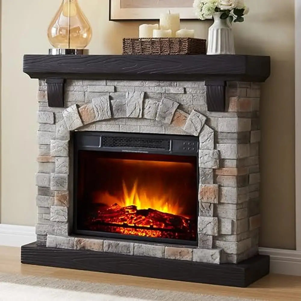 40" Electric Fireplace Mantel with Faux Stone Finish LED Flame Freestanding Heater Living Room Cozy Atmosphere Secure Setup