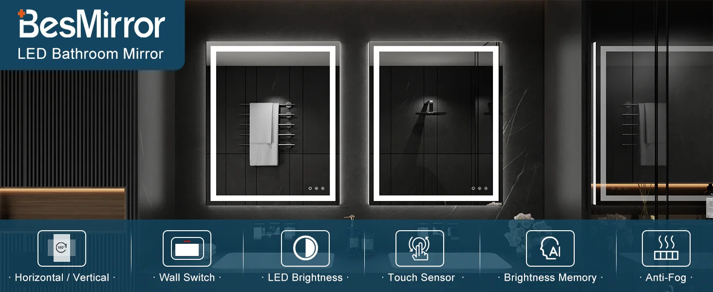 30x36 Inch LED Bathroom Mirror - Anti-Fog, Bathroom Mirror with LED Lights - 3 Color