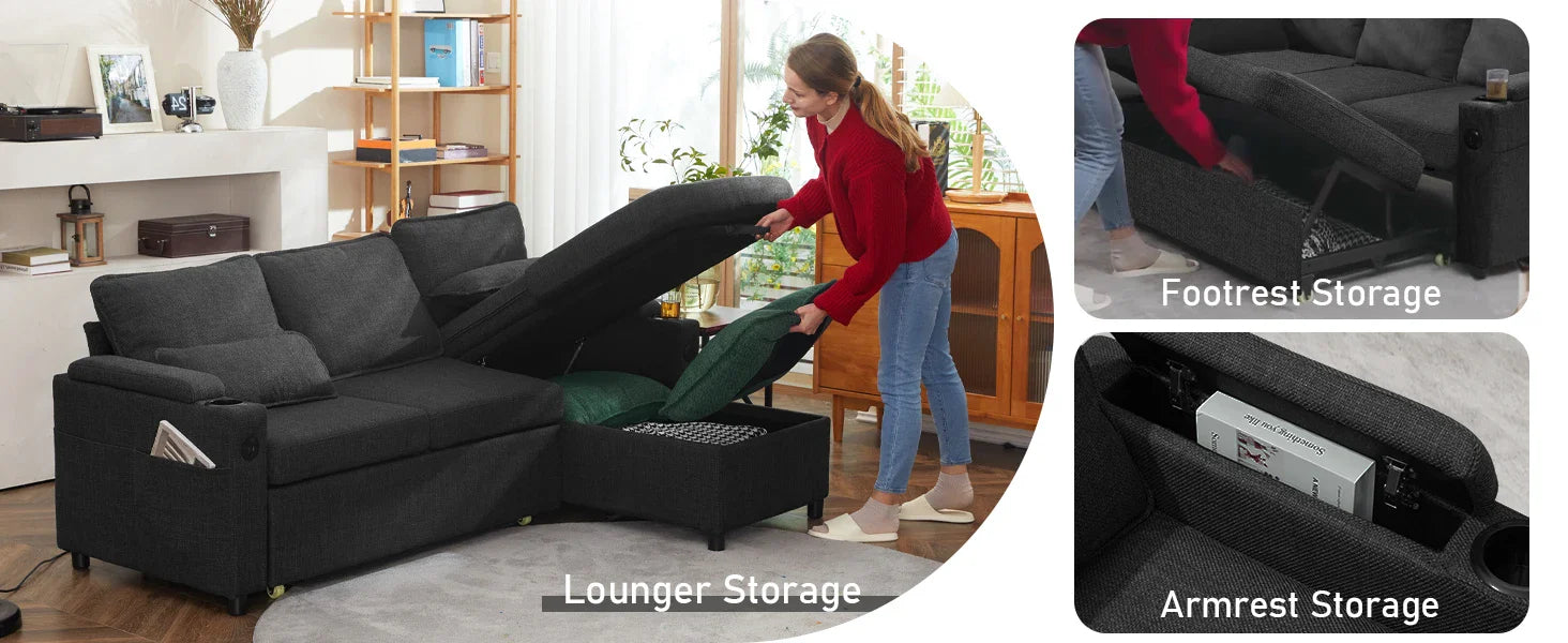 Sofa Bed Sleeper Pull Out 2 in 1 Sectional Couches with Storage,USB,Cup Holder,Pullout Sectional Couches