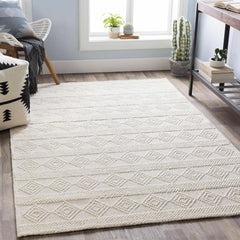 Bolinger Handmade Moroccan Farmhouse Area Rug  Bohemian Wool Carpet High Low Trellis Pattern White - 5' x 7'6"