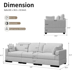 100" Modular Reversable Sectional Sofa,3 Seater Oversized Convertible L & U Shaped Couch, Corduroy Fabric w/8 Cushion Pillows