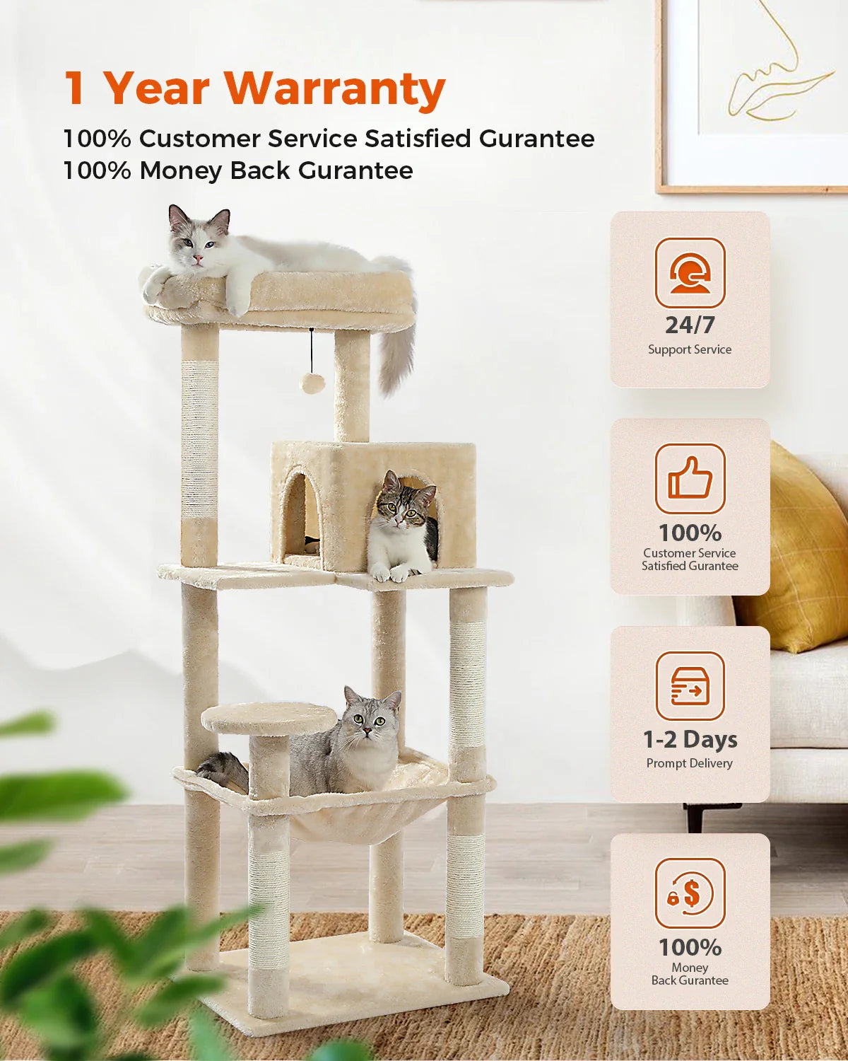 Cat Tree for Indoor Cats 5-Level Cat Tower for Large Cats with Large Hammock Sisal Covered Scratching Posts Cozy Condo Top Perch