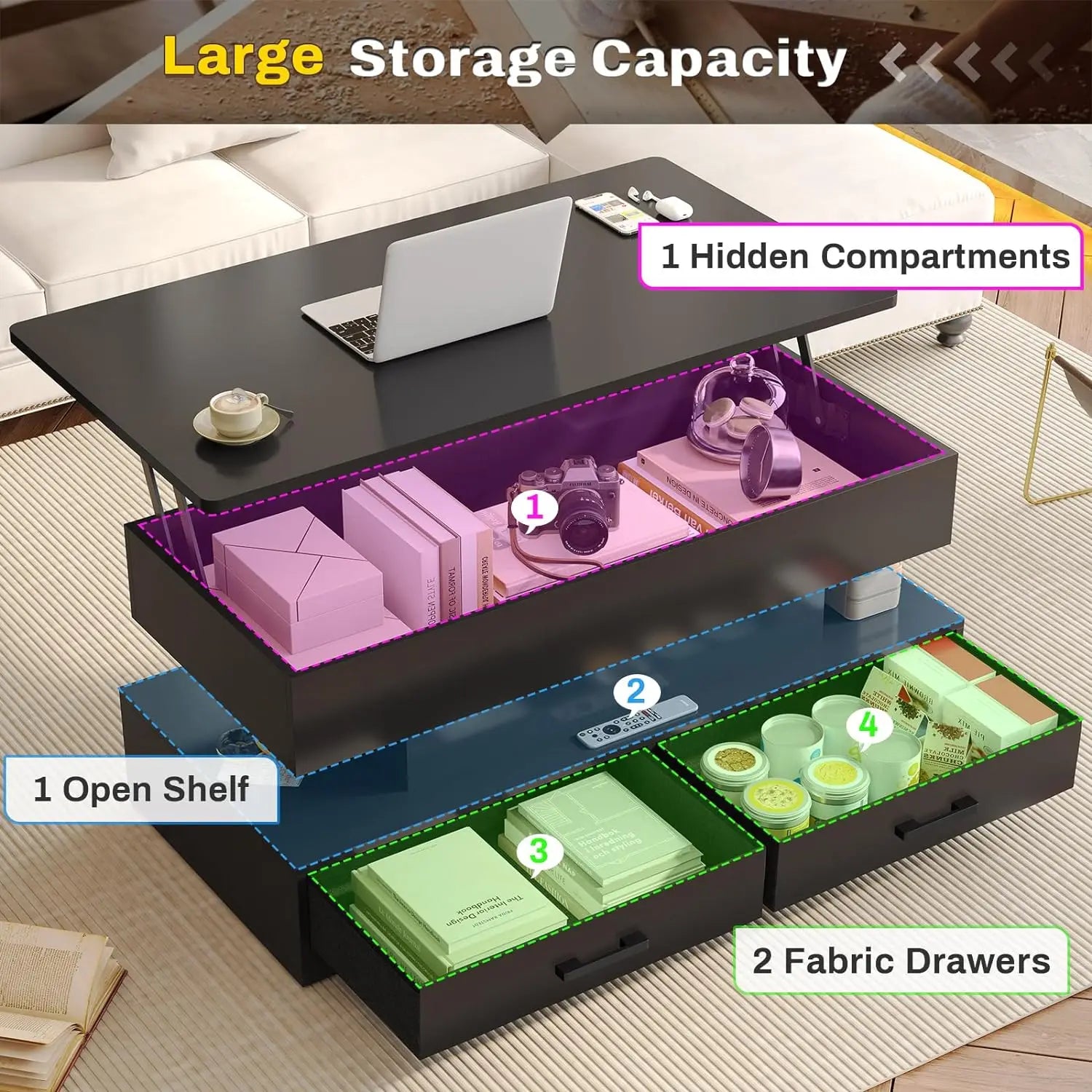 40" Lift Top Coffee Table, Coffee Tables with Storage for Living Room, Small Coffee Table with 2 Fabric Drawers & LED Light