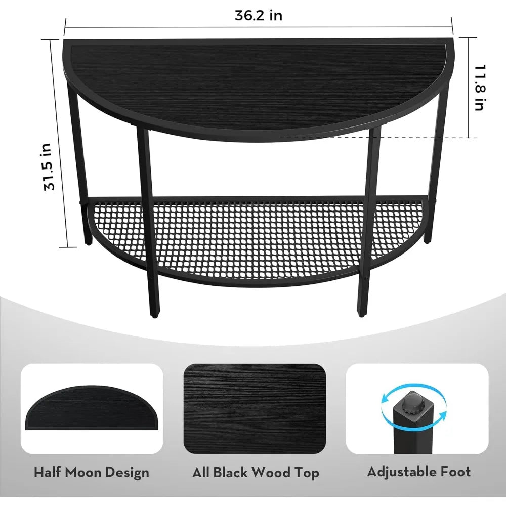 Black Half Moon Console Table 2 Tier Narrow Entryway Table with Storage Modern Couch Table Small Entry Way Tables