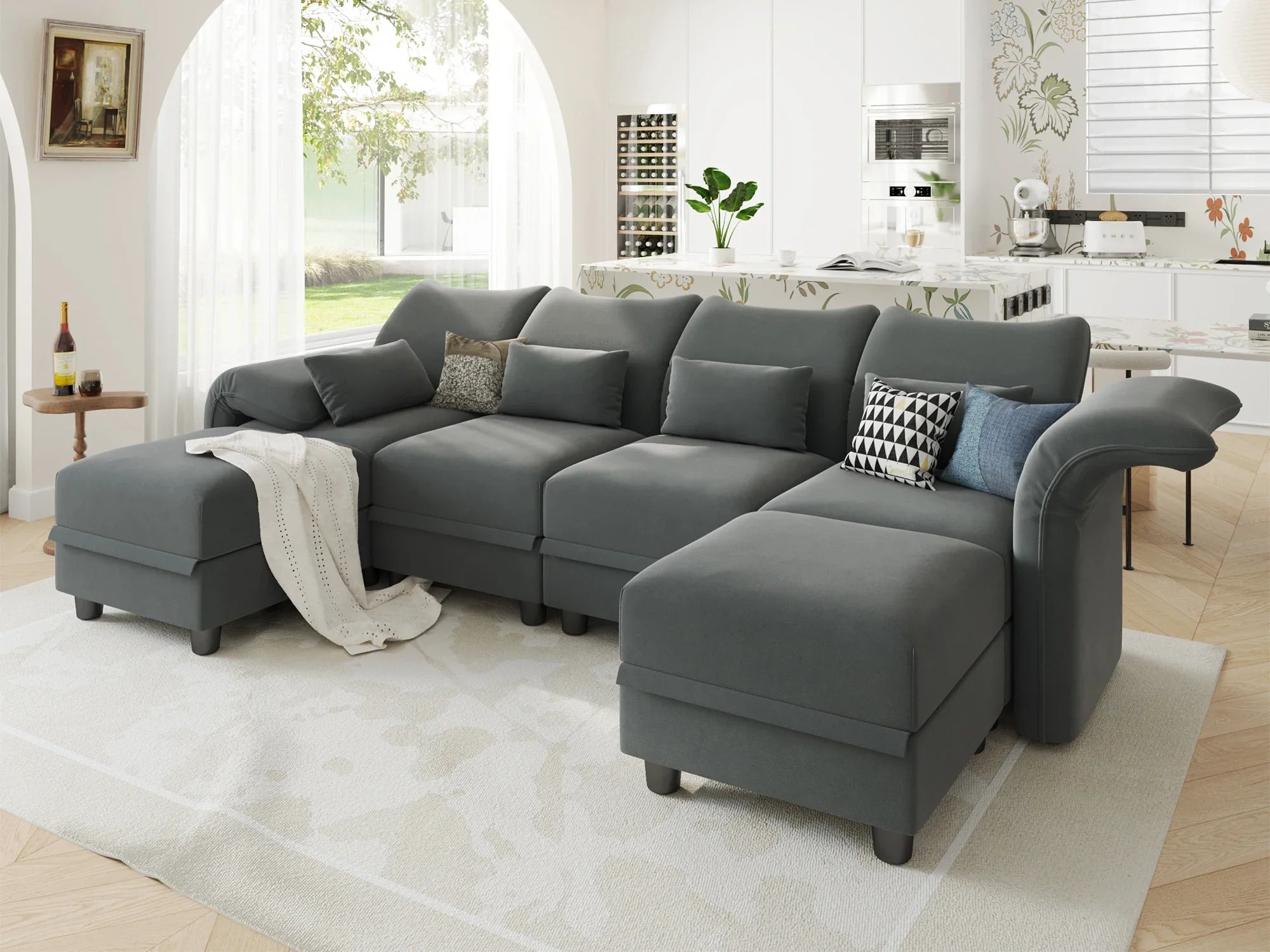 Velvet Modular Sectional Sofa,127.8" 6-Seater U Shaped Reversible Sectional Couch with Storage Chaise,High Back  Modular Grey