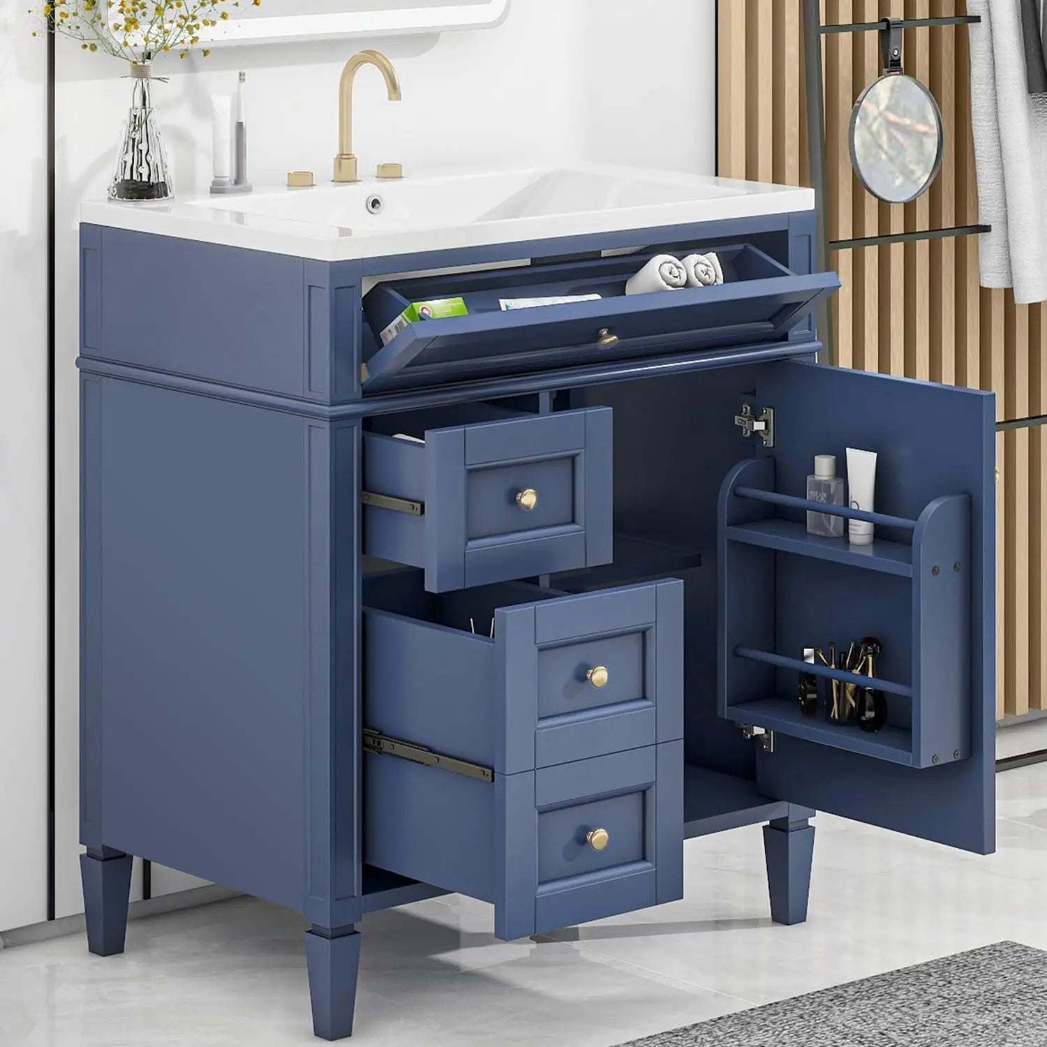 bathroom organizers, Bathroom Vanity with Sink, Modern Bathroom Cabinet with Drawers and Tip Out Drawer, Freestanding Bathroom V