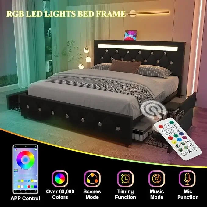 Bed Frame with 4 Drawers and LED Light, Charge Station, PU Leather Upholstered Platform Storage Bed with Adjustable Headboard