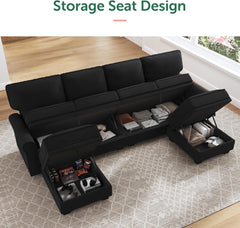 Sectional Sofa with Storage Seat Velvet U Shaped Sectional Couch with Reversible Chaise Convertible Couches Living Room,Black