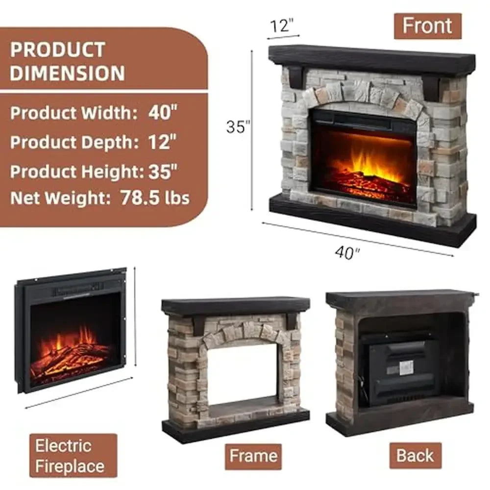 40" Electric Fireplace Mantel with Faux Stone Finish LED Flame Freestanding Heater Living Room Cozy Atmosphere Secure Setup