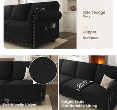 Velvet Sectional Sofa L Shaped Sectional Couch Convertible Sofa Couch with Reversible Chaise 4 Seater Sofa for Small Space Black