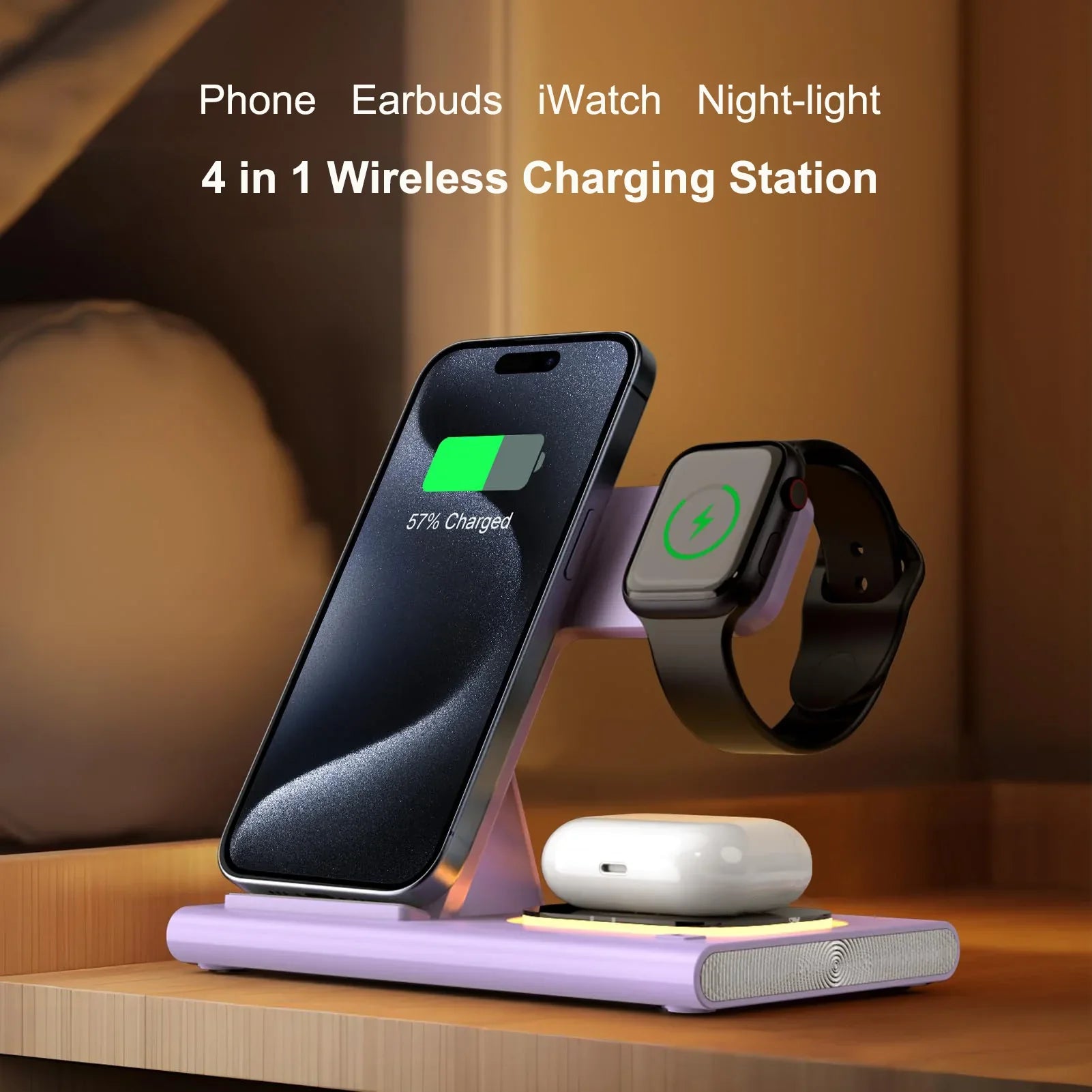 Wireless Charger Station, 4 in 1 Foldable 15W Fast Charging Wireless Charging Station with Night Light for iPhone iPods iWatch