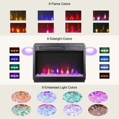 23in Electric Fireplace Insert Ultra Thin Heater Crystal Realistic Flame Remote Control  Timer Overheating Protection Sidelight