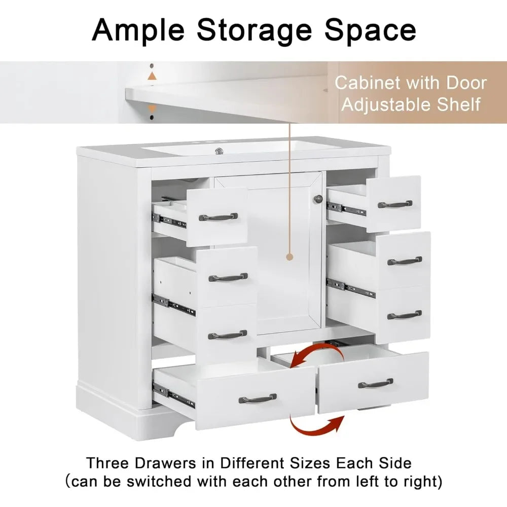 36" Bathroom Vanity with Sink ,6 Drawers & One Cabinet with Adjustable Shelf, Bathroom Cabinet with Ceramic Basin for Bathroom