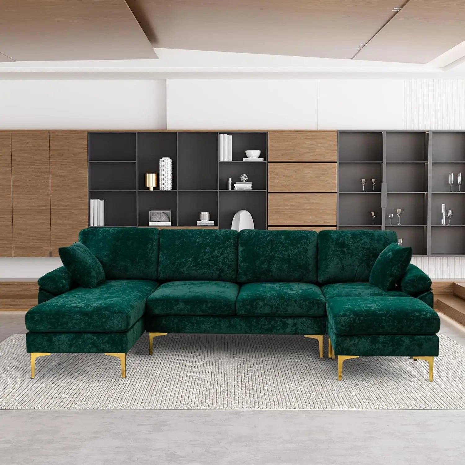 U-Shaped Sectional Sofa Couch, 4 Seat Sofa Set for Living Room, Convertible L-Shaped Velvet Couch Set with Chaise Lounge