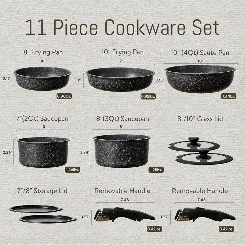 CAROTE 11pcs/18pcs Black Removable Handle Pots Pans Set, Induction Kitchen, Oven Safe Sets Non Stick, Detachable Cookware set