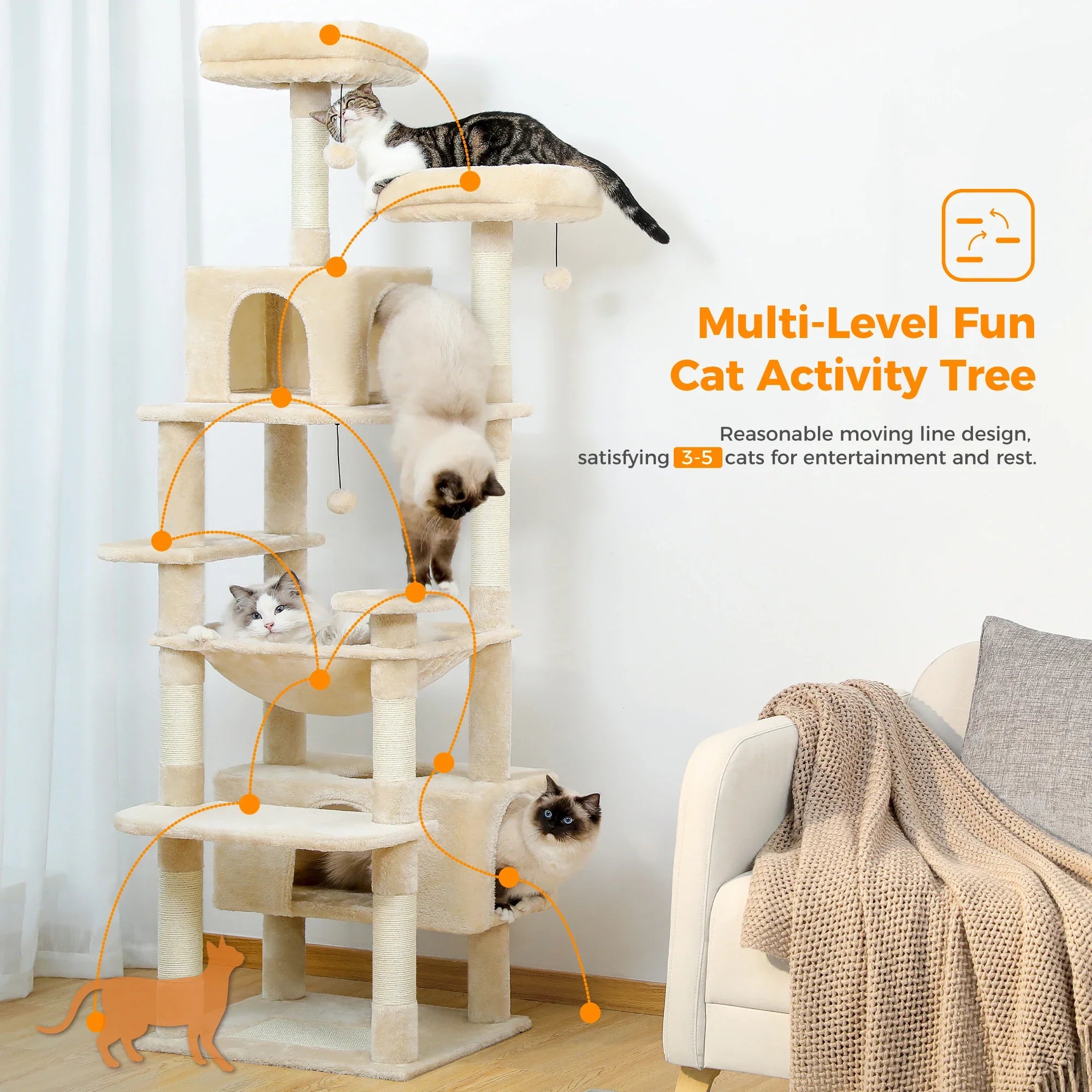 H184CM Large Cat Tower with Sisal Scratching Posts Spacious Condo Perch Stable for Kitten Multi-Level Tower Indoor Cozy Hummocks