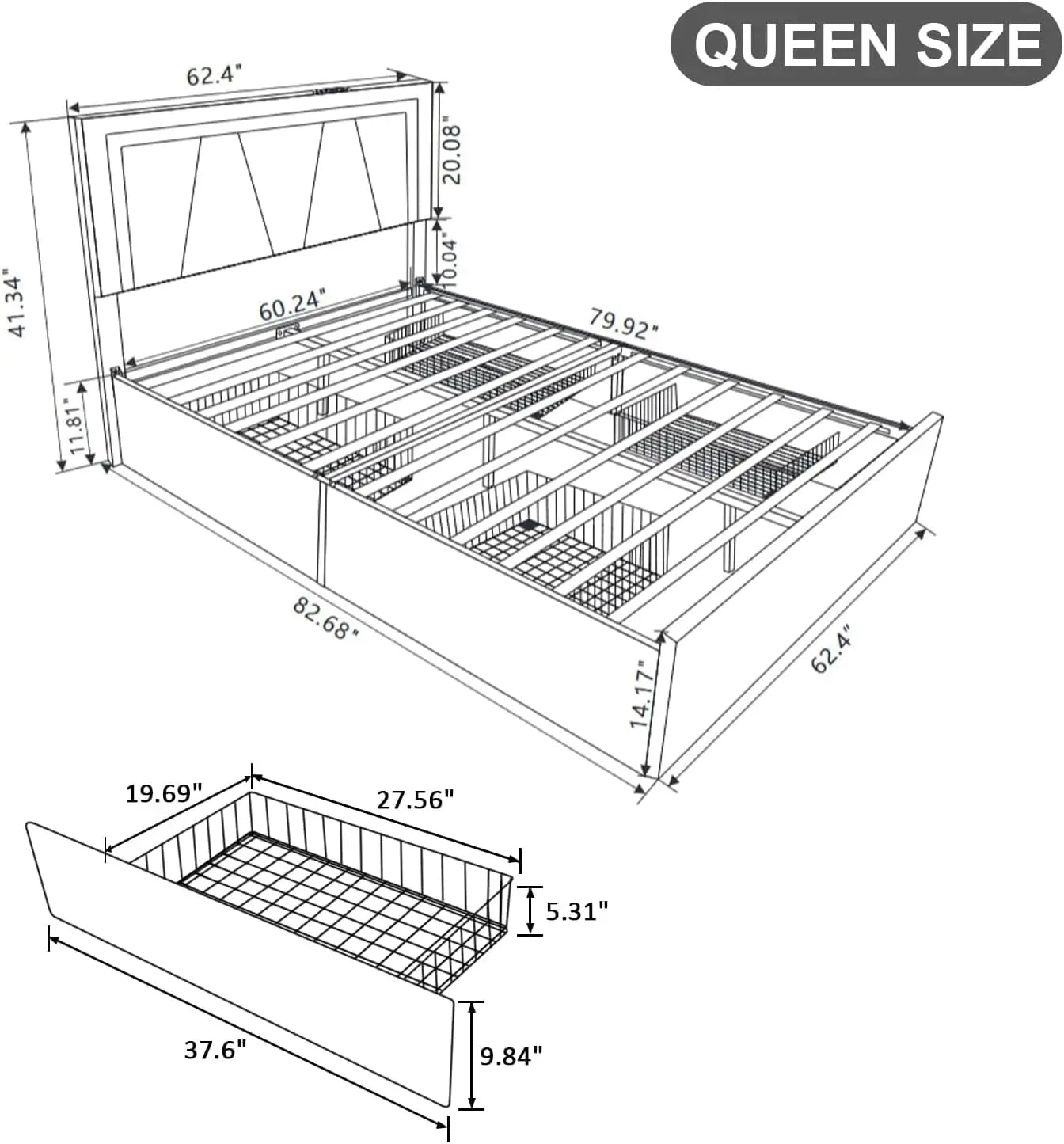 Bed Frame, Adjustable Headboard with LED Lights and 4 Stoarge Drawers, Upholstered Platform Bed with Charging Station, Bed Frame