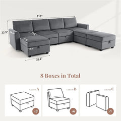 110" Modular Sectional Sofa with Storage, 6 Seat Convertible Couches for Living Room, Velvet U Shaped Sofa Bed Couch, Grey