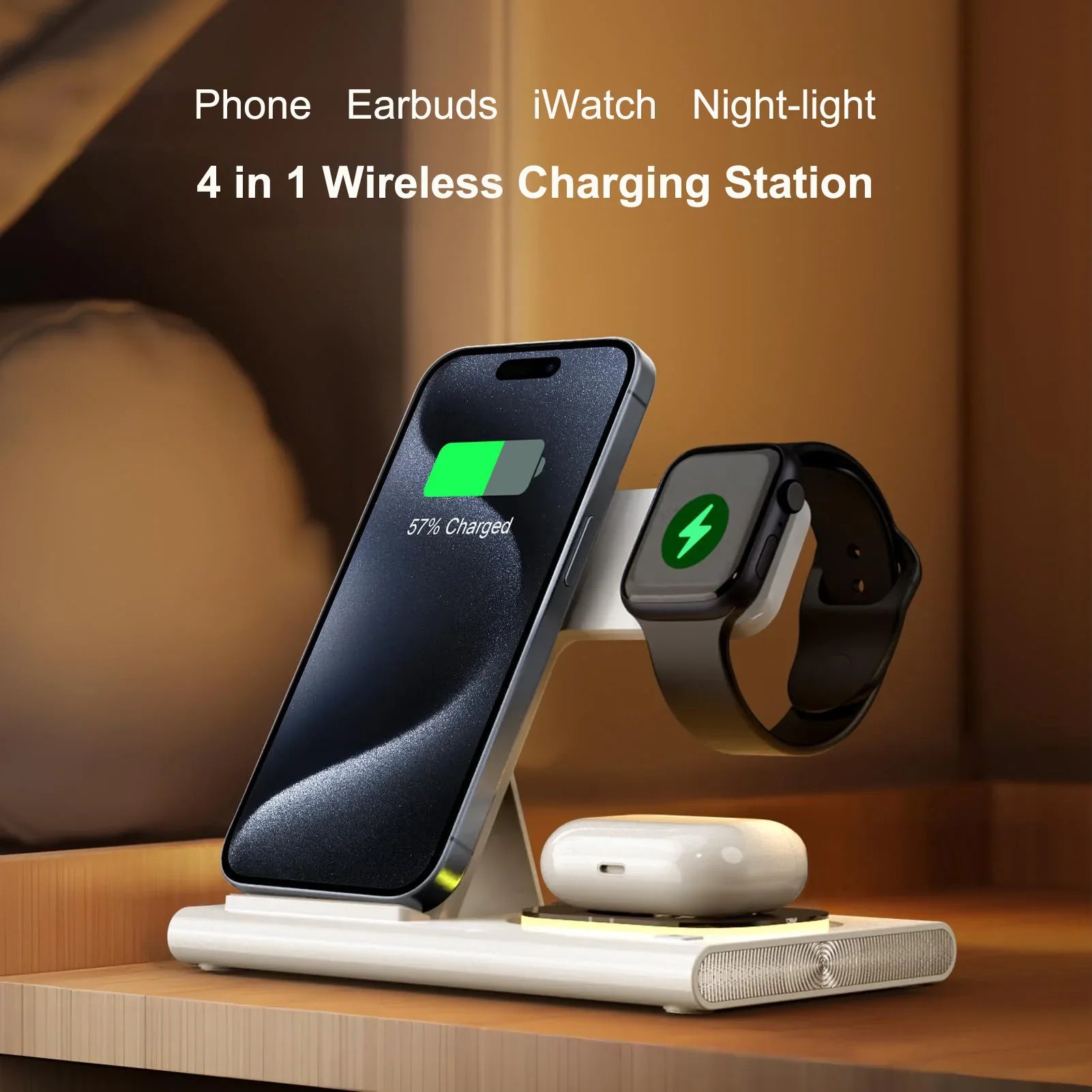 Wireless Charger Station, 4 in 1 Foldable 15W Fast Charging Wireless Charging Station with Night Light for iPhone iPods iWatch