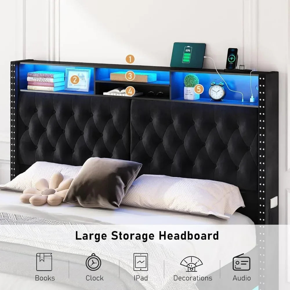 King Bed Frame with 60" Tall Storage Headboard & LED Lights，Charging Station and Pockets, Velvet Bed Frame，Floating Bed Frame