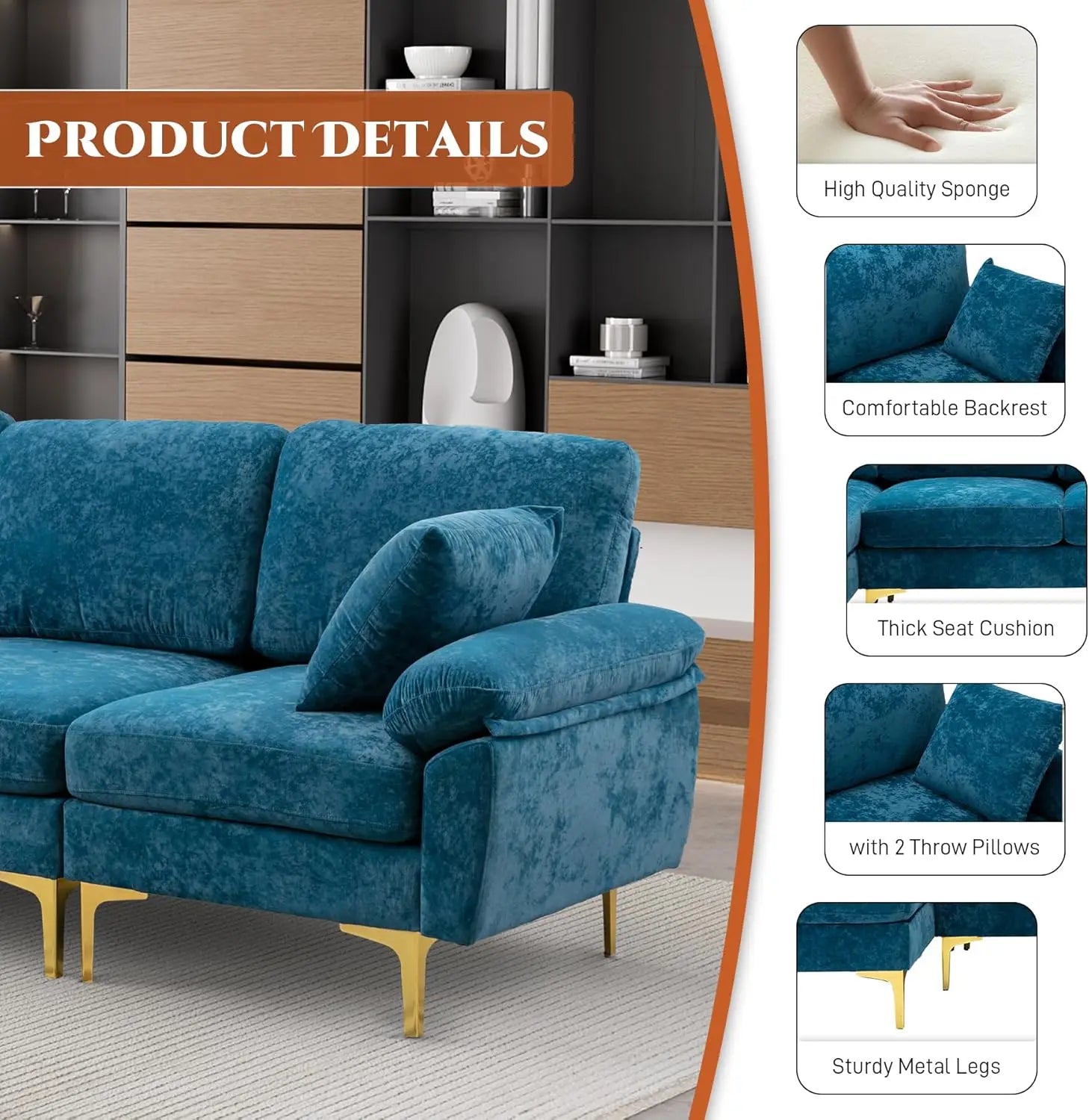 U-Shaped Sectional Sofa Couch, 4 Seat Sofa Set for Living Room, Convertible L-Shaped Velvet Couch Set with Chaise Lounge