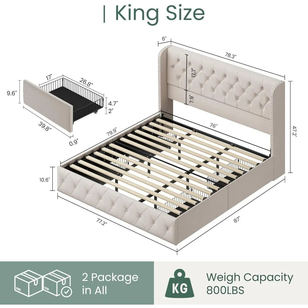 King Size Bed Frame , Upholstered Platform Bed Frame Wingback Beds with Wooden Slats Support, Bed Frame with High Headboard