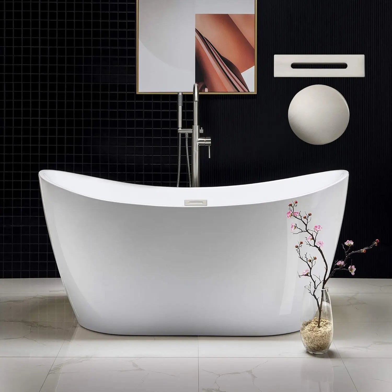 59"Freestanding White Acylic Soaking Bathtub with Brushed Overflow Easy clean, easy maintenance 59"L x 28.75"W x 27.5"H