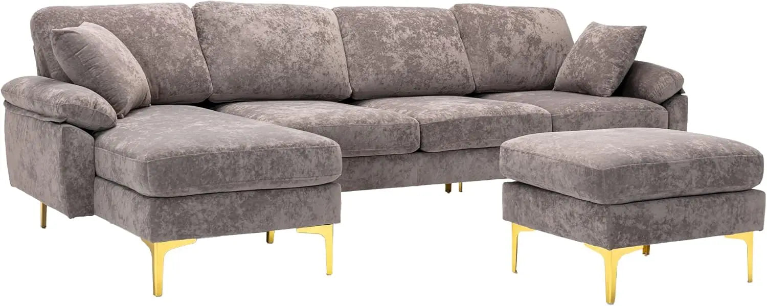 U-Shaped Sectional Sofa Couch, 4 Seat Sofa Set for Living Room, Convertible L-Shaped Velvet Couch Set with Chaise Lounge