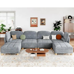 Sectional Sofa, Convertible U Shaped Sectional Sofa for Living Room 6 Seater Couch in Cozy Removable Covered Teddy Velvet Couch