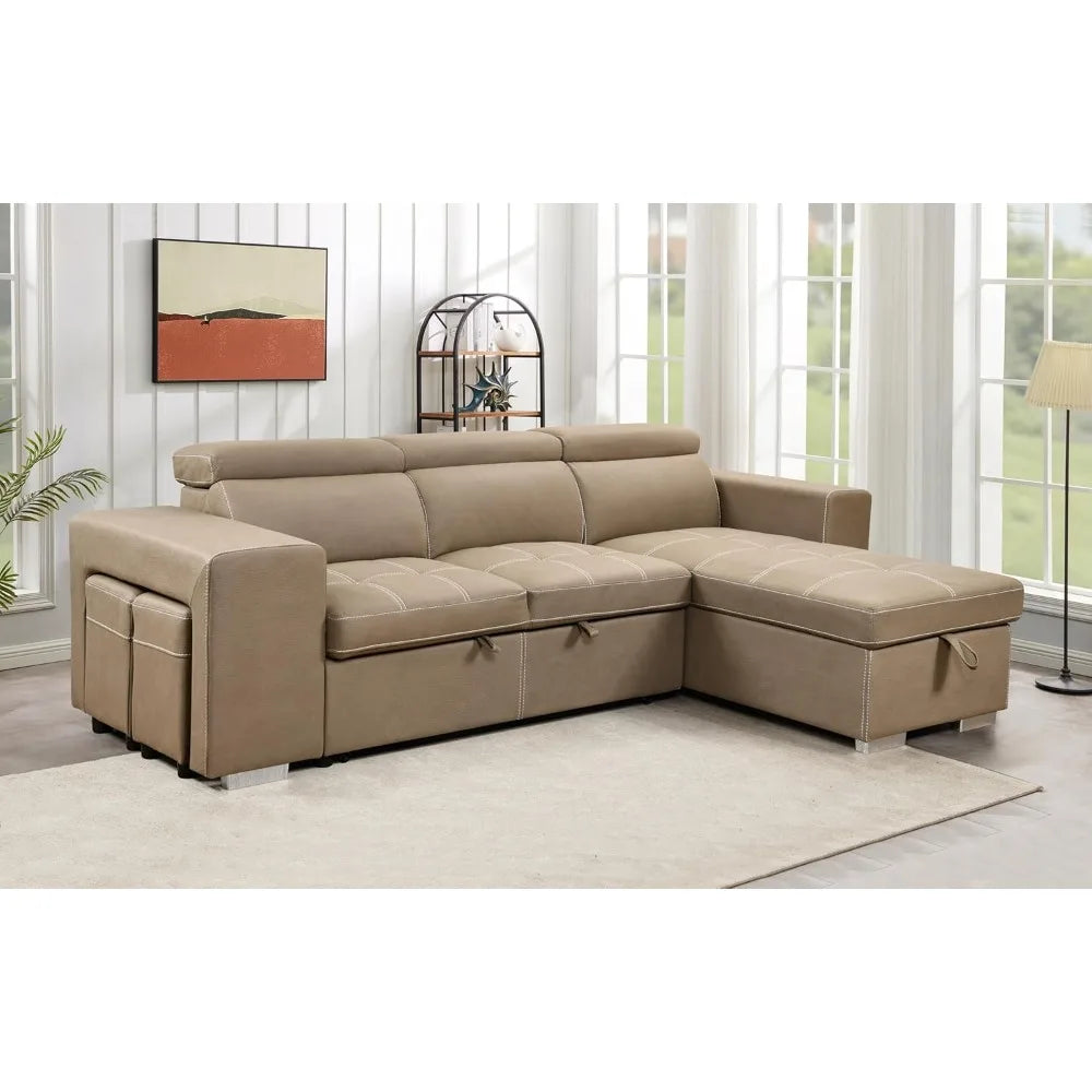 Microfiber Sectional Sleeper Sofa with Pull-Out Bed Chaise & Storage 5 Seater L-Shaped Couch with Adjustable Headrest and Stools