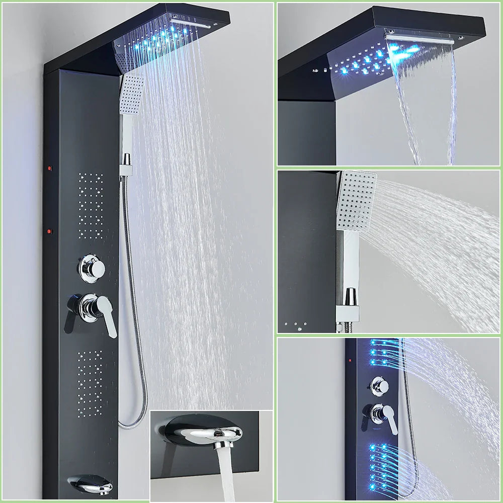 LED Shower Faucet Bathroom SPA Massage Jet Shower Matte Black Column System Waterfall Rain Shower Panel Bidet Sprayer Tap