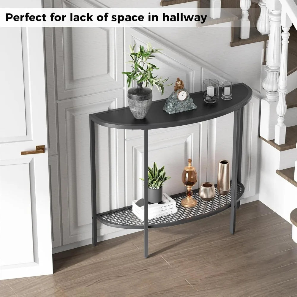 Black Half Moon Console Table 2 Tier Narrow Entryway Table with Storage Modern Couch Table Small Entry Way Tables