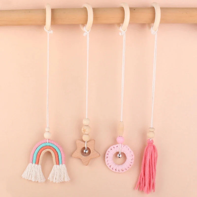 BPA Free Wooden Baby Gym Toys Baby Stroller Hanging Pendants Newborn Play Activity Gym Frame Hanging Rattle Toys Teething Ring