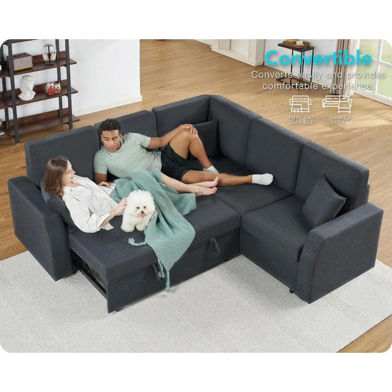 VanAcc Sofa Bed, 85 Inch Sleeper Couch with Storage Seat, L Shaped Sofa with Pull Out Sofa Bed, Sectional Couches