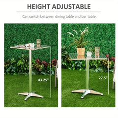 24"L Adjustable Height Pub Bar Table Home Silver Aluminum Indoor Outdoor Patio