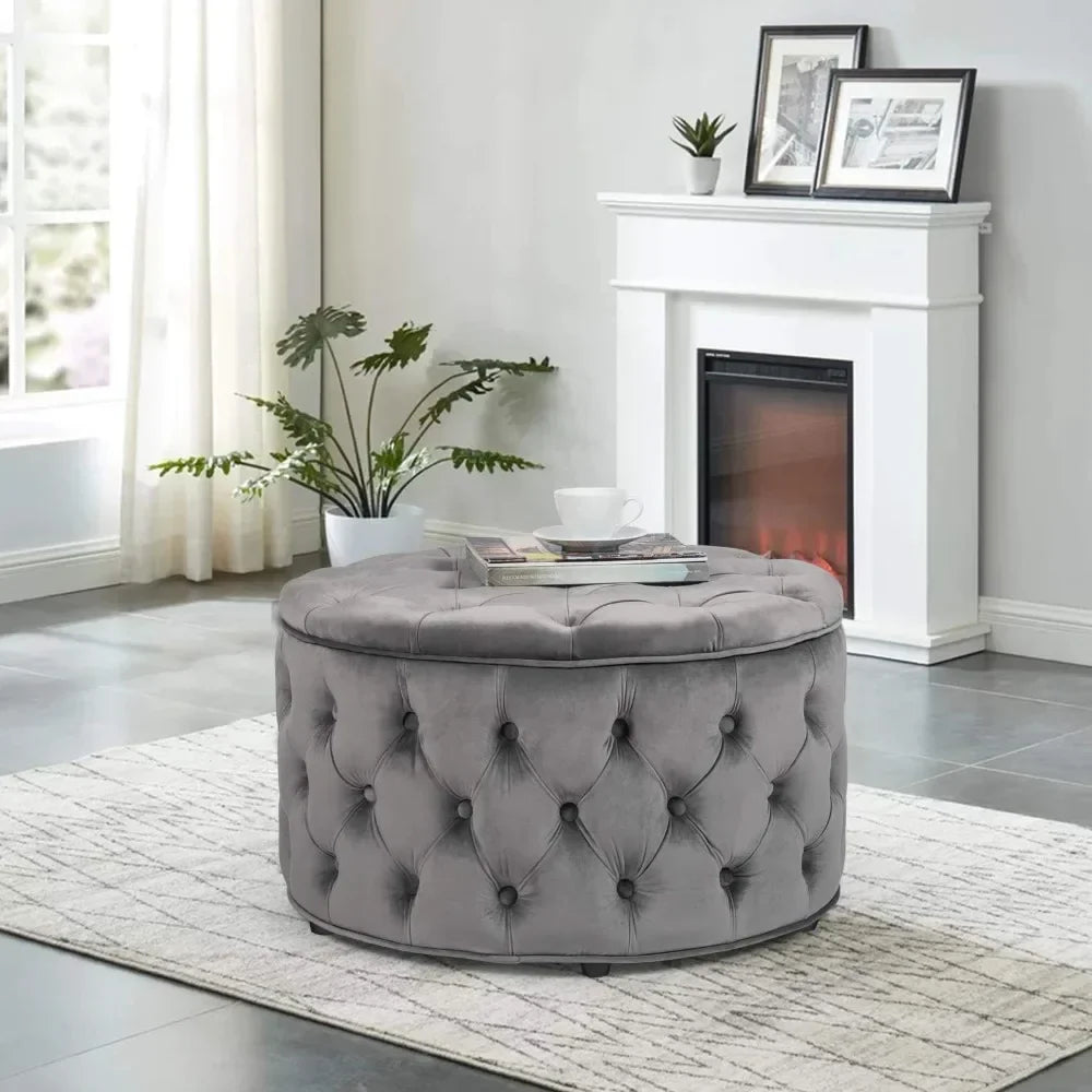 28 Inch Round Velvet Storage Ottoman Foot Stool Tufted Footrest Stool Coffee Table for Living Room (Grey) Freight Free